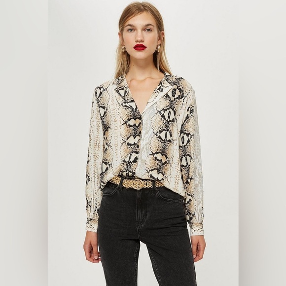 Topshop Snakeskin Print Button Up Shirt Blouse Cream and Black Size 6 - Picture 4 of 16